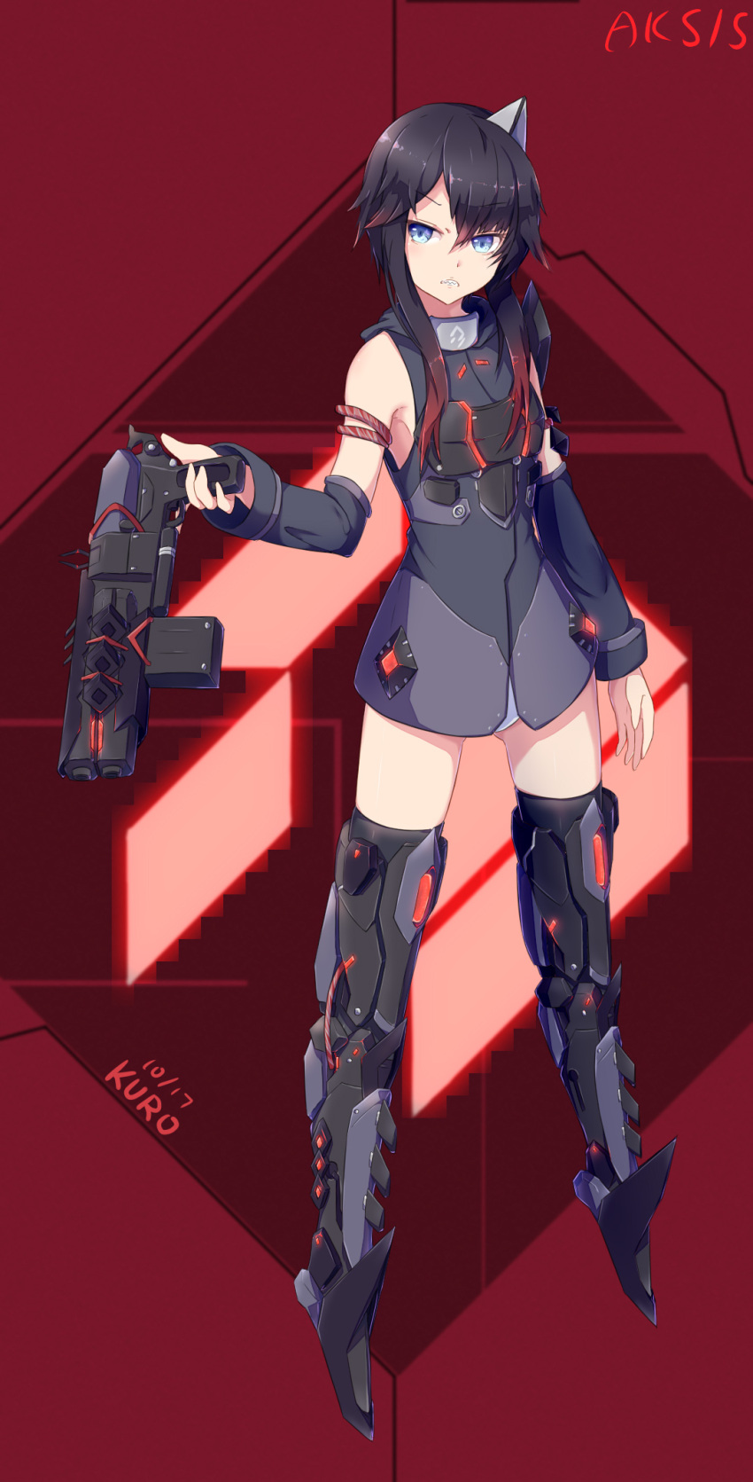 1girl aksis_(destiny) arm_at_side armlet armor armored_boots armpits bare_shoulders black_boots black_hair blue_eyes boots breastplate character_name clenched_teeth cyborg destiny_(game) detached_sleeves eyebrows eyebrows_visible_through_hair female full_body genderswap genderswap_(mtf) glowing gradient_hair gun headgear highres holding holding_gun holding_weapon kuroda_kuwa looking_at_viewer multicolored_hair one_eye_covered panties personification redhead sidelocks siva_(destiny) skirt sleeve_cuffs sleeveless tagme teeth thigh-highs thigh_boots underwear weapon white_panties
