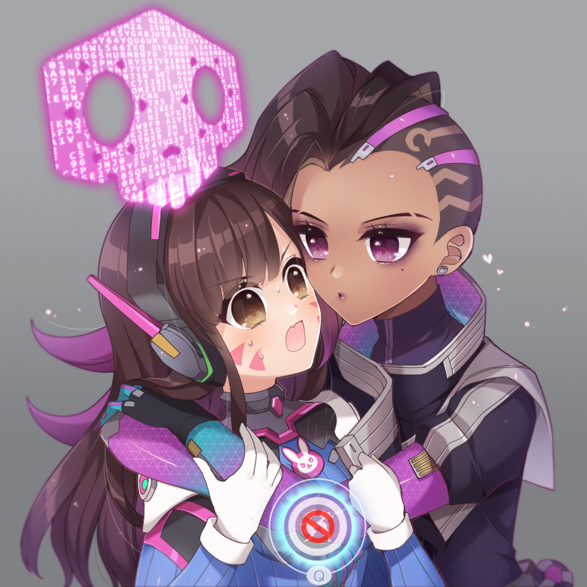 &gt;:o 2girls :o angry arm_grab arms_around_neck asymmetrical_hair atobesakunolove bangs black_gloves bodysuit breasts brown_hair bunny_print d.va_(overwatch) dark_skin earrings eyebrows eyebrows_visible_through_hair eyeshadow facial_mark frown gameplay_mechanics gloves gradient gradient_background gradient_hair grey_background headphones heart high_collar highres hologram hug incipient_kiss interface jewelry long_hair looking_at_another makeup mole mole_under_eye multicolored_hair multiple_girls open_mouth overwatch pilot_suit puckered_lips purple_hair ribbed_bodysuit scared shoulder_pads simple_background skin_tight small_breasts sombra_(overwatch) stud_earrings surprised sweat swept_bangs two-tone_hair upper_body violet_eyes whisker_markings white_gloves yuri