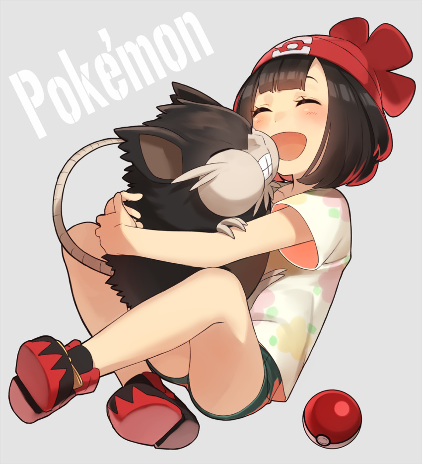 1girl :d ^_^ alola_form alolan_raticate bangs bare_arms bare_legs beanie black_hair blush bob_cut closed_eyes eyelashes female_protagonist_(pokemon_sm) full_body grey_background happy hat highres hug nagiko_(mangalove1111) open_mouth own_hands_together petite poke_ball pokemon pokemon_(creature) pokemon_(game) pokemon_sm print_shirt raticate red_hat shirt shoe_soles short_hair short_shorts short_sleeves shorts simple_background sitting smile t-shirt wide_sleeves