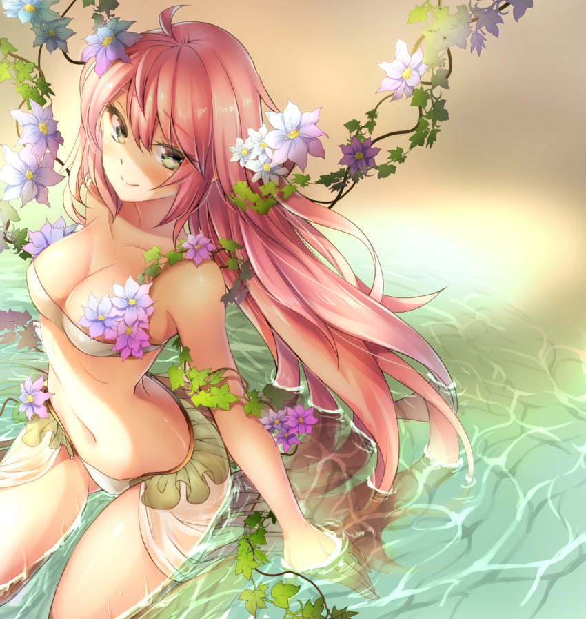 1girl ahoge bangs beach bikini breasts cleavage closed_mouth collarbone dies_irae eyebrows eyebrows_visible_through_hair eyelashes flower frilled_bikini frills from_above from_side green_eyes hair_between_eyes highres leaf long_hair looking_at_viewer looking_up medium_breasts mia_(gute-nacht-07) navel ocean outdoors partially_submerged pink_hair plant rusalka_schwagerin sand see-through shade sitting smile solo stomach strapless swimsuit tubetop very_long_hair vines water white_bikini