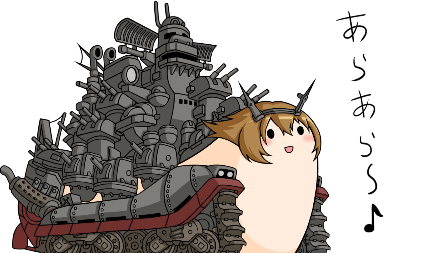 battleship big_shiee cannon check_commentary commentary commentary_request gunsou highres kantai_collection metal_slug military military_vehicle musical_note mutsu_(kantai_collection) mutsu_(snail) no_humans parody quaver ship smile treadmill warship watercraft