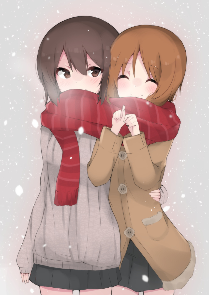 2girls brown_eyes brown_hair closed_eyes coat doorknoble girls_und_panzer happy highres multiple_girls nishizumi_maho nishizumi_miho scarf shared_scarf short_hair siblings simple_background sisters skirt sleeves_past_wrists smile snow sweater