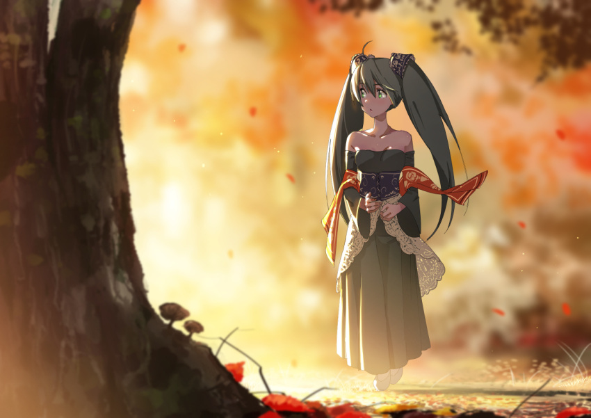 1girl :o bare_shoulders detached_sleeves domo1220 fall falling_leaves full_body green_eyes green_hair hair_ornament hatsune_miku leaf long_skirt long_sleeves looking_to_the_side outdoors skirt strapless tree twintails vocaloid wide_sleeves