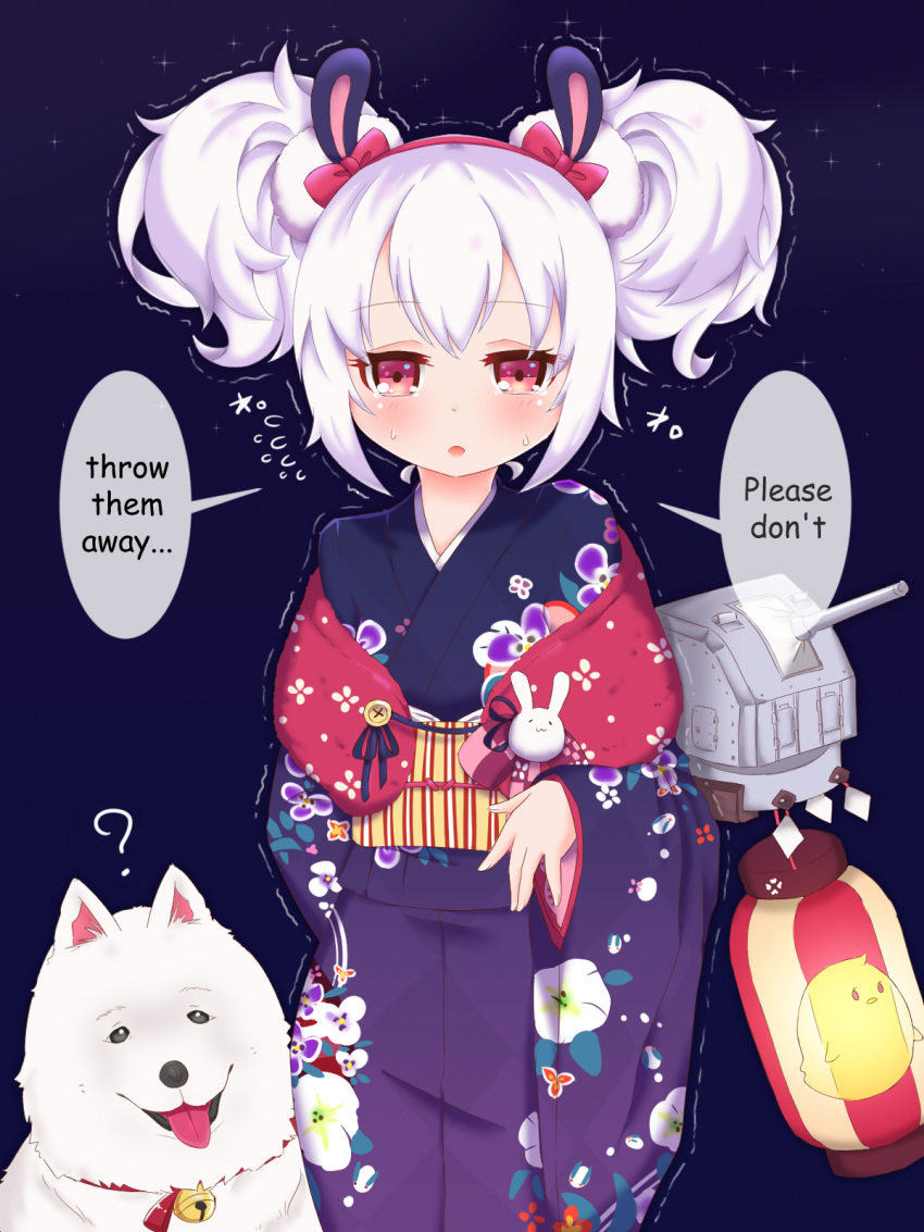 1girl ? animal animal_ears azur_lane bell blue_kimono blush bow cannon chick_print commentary dog double_bun english fingernails floral_print flying_sweatdrops hair_bow hairband highres japanese_clothes jingle_bell kimono laffey_(azur_lane) lantern long_sleeves looking_at_viewer obi paper_lantern parted_lips print_kimono purple_background rabbit_ears red_bow red_eyes red_hairband sash side_bun sidelocks solo sonodaeri sweat tears tongue tongue_out trembling turret wide_sleeves
