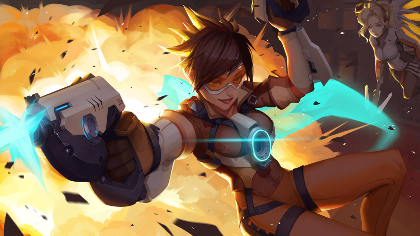 2girls blonde_hair blue_eyes bodysuit brown_hair dual_wielding energy_gun explosion goggles gun harness highres holding holding_gun holding_staff holding_weapon looking_at_viewer mechanical_halo mechanical_wings mercy_(overwatch) multiple_girls orange_bodysuit orange_eyes overwatch parted_lips short_hair smile spiky_hair spread_wings staff tracer_(overwatch) weapon wings yellow_wings youxuemingdie