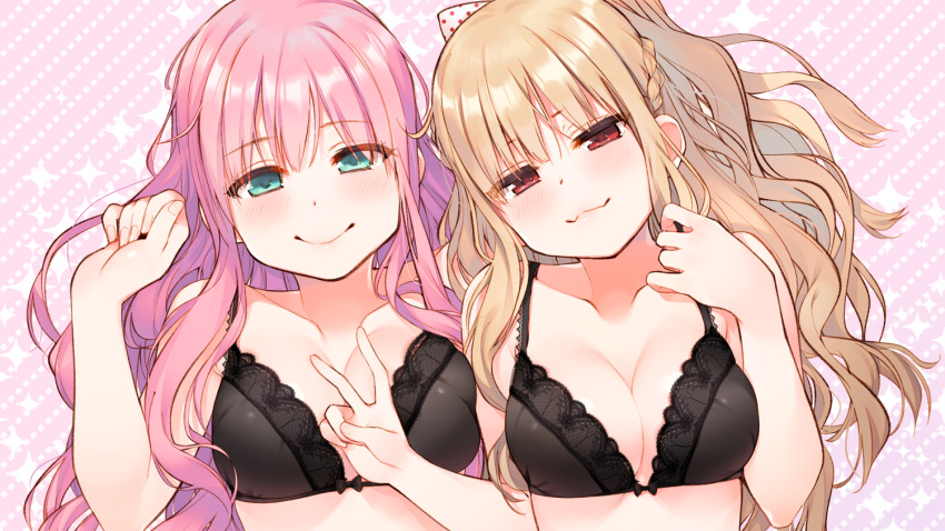 2girls :3 black_bow black_bra blonde_hair blush bow bow_bra bra braid breasts character_request cleavage closed_mouth collarbone eyebrows eyebrows_visible_through_hair fujigasaki_connie fuzuki_fuuro green_eyes hair_between_eyes head_tilt lace lace-trimmed_bra long_hair looking_at_viewer medium_breasts multiple_girls official_art olive!_believe_"olive"? pink_background pink_hair red_eyes smile sparkle underwear underwear_only upper_body v