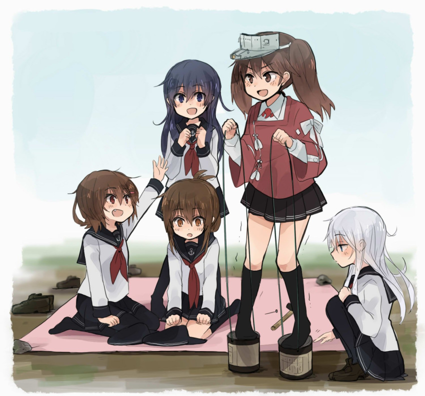 5girls akatsuki_(kantai_collection) anchor_print annin_musou blue_eyes brown_eyes brown_hair can commentary_request fang flat_cap folded_ponytail grey_eyes hammer hand_up hands_up hat hat_removed headwear_removed hibiki_(kantai_collection) highres holding holding_hat ikazuchi_(kantai_collection) inazuma_(kantai_collection) japanese_clothes kantai_collection kariginu kneeling long_hair long_sleeves magatama multiple_girls nail neckerchief open_mouth pantyhose pleated_skirt remodel_(kantai_collection) ryuujou_(kantai_collection) school_uniform serafuku shoes_removed short_hair silver_hair sitting_on_ground skirt smile squatting standing_on_object stilts string tarp translation_request twintails visor_cap white_background wide_sleeves