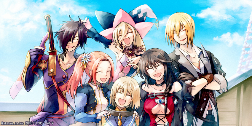 3boys 3girls ahoge bangs black_hair blonde_hair breasts buttons clouds coat eizen_(tales) eleanor_hume everyone eyebrows eyebrows_visible_through_hair eyelashes gauntlets gloves hair_ornament hat laphicet_(tales) long_hair long_sleeves magilou_(tales) multiple_boys multiple_girls open_mouth over_shoulder rokurou_rangetsu sheath shirt side_ponytail skirt sky smile strap sword tales_of_(series) tales_of_berseria velvet_crowe weapon weapon_on_back weapon_over_shoulder