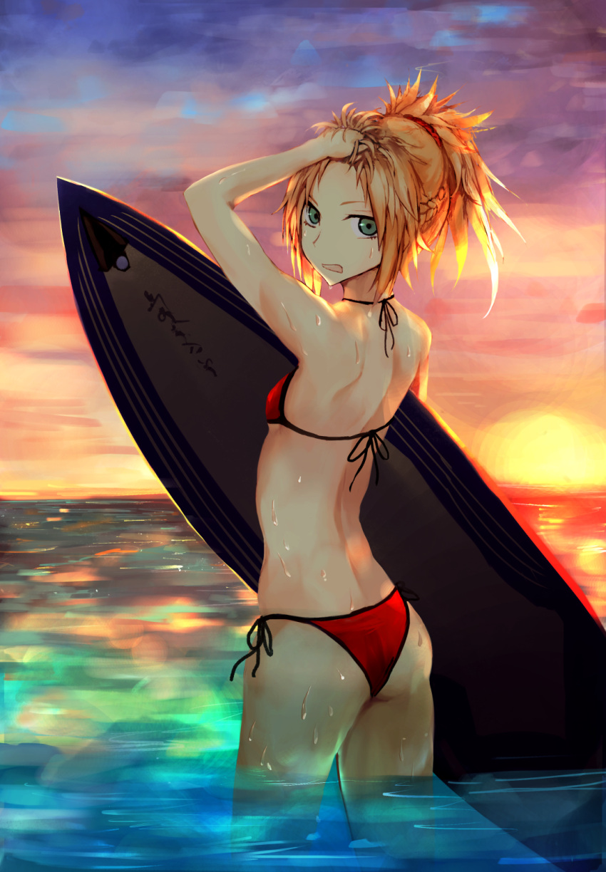 1girl ass bikini blonde_hair fate/apocrypha fate/grand_order fate_(series) front-tie_top green_eyes hair_pull hair_pulled_back highres kaze_minoru_so-ru looking_at_viewer looking_back mordred_(swimsuit_rider)_(fate) open_mouth orange_(color) partially_submerged red_bikini saber_of_red side-tie_bikini solo sunset surfboard swimsuit water