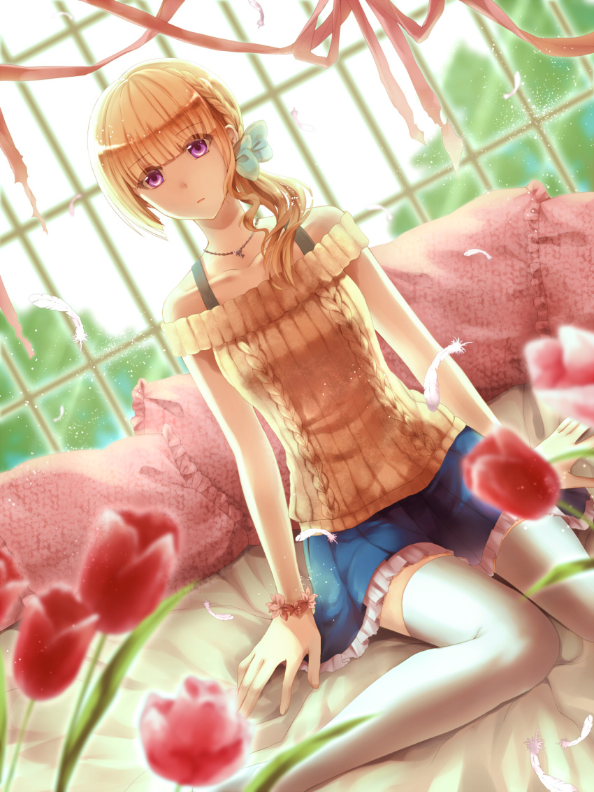 1girl aran_sweater bed blonde_hair blue_skirt collarbone eyebrows eyebrows_visible_through_hair fuuna_(conclusion) highres indoors jewelry long_hair necklace off_shoulder original pillow pleated_skirt ponytail red_flower sitting skirt solo sweater thigh-highs violet_eyes white_feather white_legwear