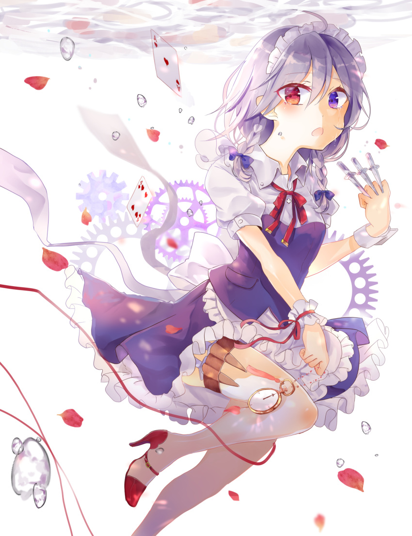 1girl apron between_fingers blue_dress blue_ribbon braid bubble card collared_shirt crying dress eyebrows eyebrows_visible_through_hair frilled_apron frilled_skirt frills gears hair_between_eyes hair_ribbon hand_up heterochromia high_heels highres holding holding_knife holding_weapon holster izayoi_sakuya knee_up knife looking_at_viewer maid_apron maid_headdress moko_(3886397) neck_ribbon open_mouth pantyhose petals pocket_watch puffy_short_sleeves puffy_sleeves red_eyes red_ribbon red_shoes ribbon shirt shoes short_sleeves silver_hair skirt skirt_set solo string teardrop tears thigh_holster thigh_strap touhou tress_ribbon twin_braids underwater violet_eyes waist_apron watch weapon white_legwear white_shirt wrist_cuffs