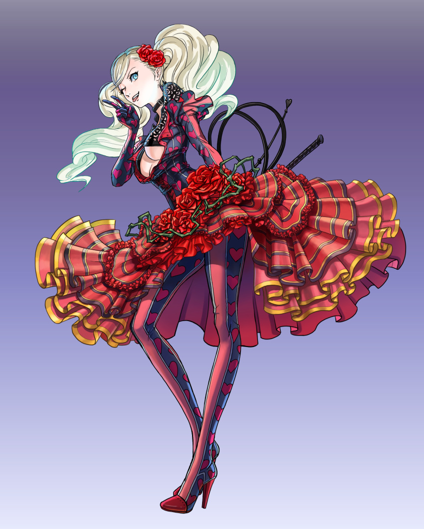 1girl ;p bangs belt_collar blonde_hair blue_eyes bodysuit breasts carmen_(persona_5) carmen_(persona_5)_(cosplay) cosplay crop_top eyelashes flower frilled_skirt frills from_side full_body gloves gradient gradient_background hair_flower hair_ornament heart_print high_heels highres komusubi layered_skirt long_hair looking_at_viewer medium_breasts off_shoulder one_eye_closed persona persona_5 print_gloves purple_background red_rose red_skirt rose skirt smile solo standing swept_bangs takamaki_ann thorns tongue tongue_out twintails unbuttoned under_boob v whip