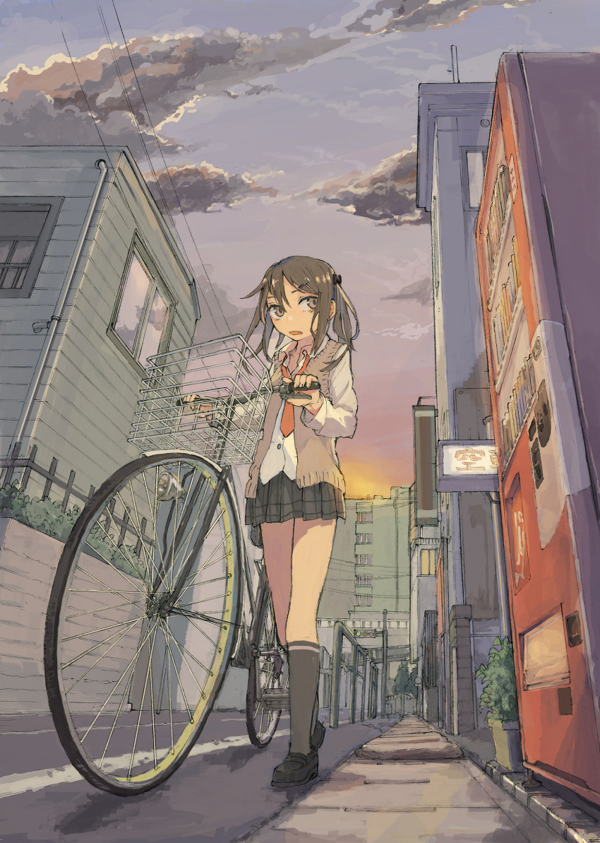 1girl bicycle bicycle_basket black_legwear brown_eyes brown_hair cityscape clouds fang ground_vehicle hair_ornament hairclip highres kneehighs looking_to_the_side mary_janes mizu_denpa necktie open_collar original perspective plaid plaid_skirt pleated_skirt power_lines red_necktie shoes skirt sky solo sunset traffic_light