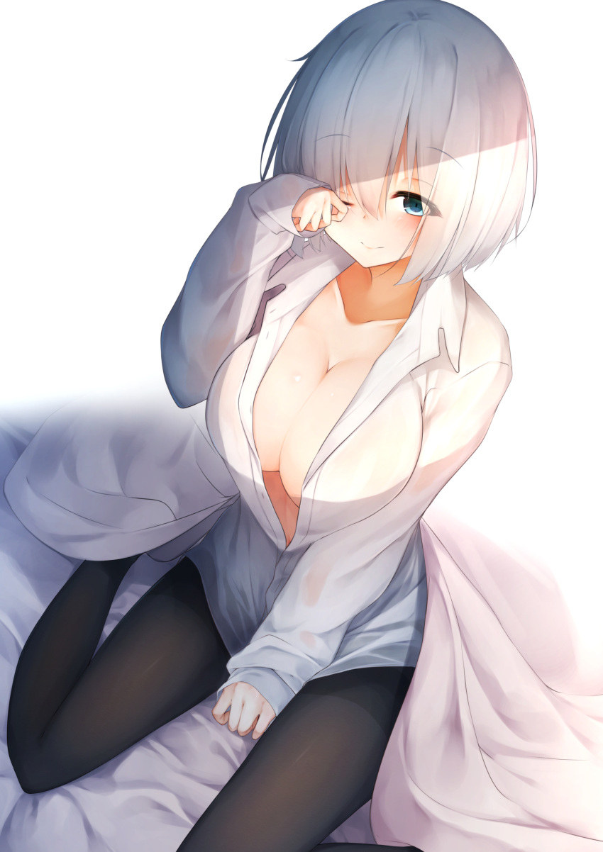 1girl absurdres arm_support bed_sheet between_legs black_legwear blouse blue_eyes breasts eyes_visible_through_hair from_above hair_over_one_eye hamakaze_(kantai_collection) hand_between_legs highres kantai_collection large_breasts light_smile looking_at_viewer no_bra one_eye_closed pantyhose rerrere short_hair silver_hair sitting thighband_pantyhose waking_up white_blouse