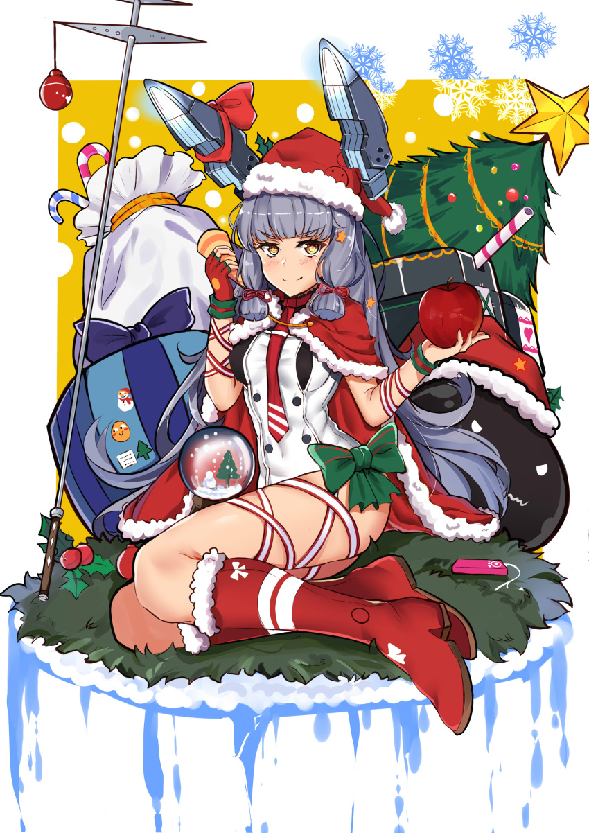 1girl absurdres bare_legs boots box candy candy_cane capelet christmas christmas_ornaments christmas_tree food gift gift_box grey_hair hat headgear highres kantai_collection long_hair murakumo_(kantai_collection) polearm ribbon sack santa_costume santa_hat sidelocks slm smile snow_globe snowflakes spear tagme thighs weapon white_background yellow_eyes