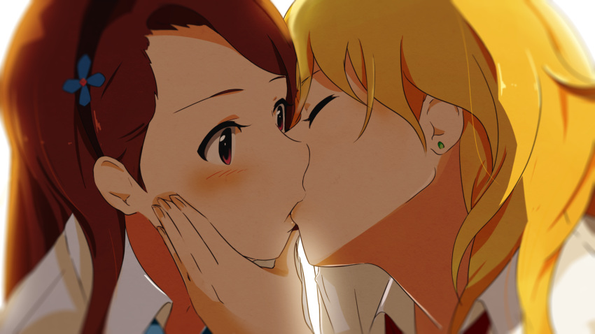 2girls blonde_hair blurry blush brown_eyes brown_hair chin_grab close-up closed_eyes commentary_request depth_of_field earrings french_kiss hair_ornament hairband hand_on_another's_chin hand_on_another's_face highres hoshii_miki idolmaster jewelry kiss long_hair minase_iori multiple_girls necktie neji_(nezi_hs) shirt white_shirt wide-eyed yuri