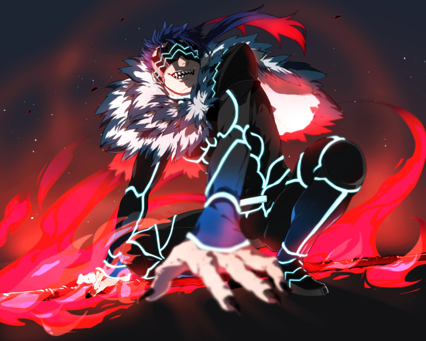 1boy armor black_nails black_shoes blindfold blue_hair blurry covered_eyes depth_of_field fate/kaleid_liner_prisma_illya fate_(series) fingernails fire floating_hair from_below full_body fur_trim gae_bolg glowing hametusinn holding holding_weapon lancer light_particles long_sleeves low_ponytail multicolored_hair nail_polish one_eye_closed polearm ponytail redhead sharp_fingernails sharp_teeth shoes solo spear tail teeth two-tone_hair weapon