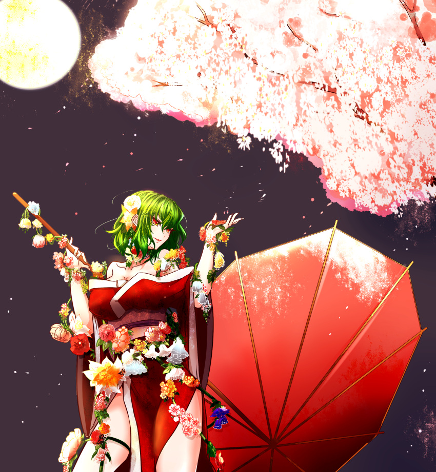 1girl absurdres alternate_costume bare_shoulders breasts cherry_blossoms cleavage collarbone cowboy_shot flower full_moon green_hair highres holding holding_umbrella itocoh japanese_clothes kazami_yuuka kimono large_breasts looking_away moon moonlight night obi off_shoulder oriental_umbrella parted_lips pelvic_curtain petals red_eyes sash short_hair smile solo touhou umbrella wide_sleeves