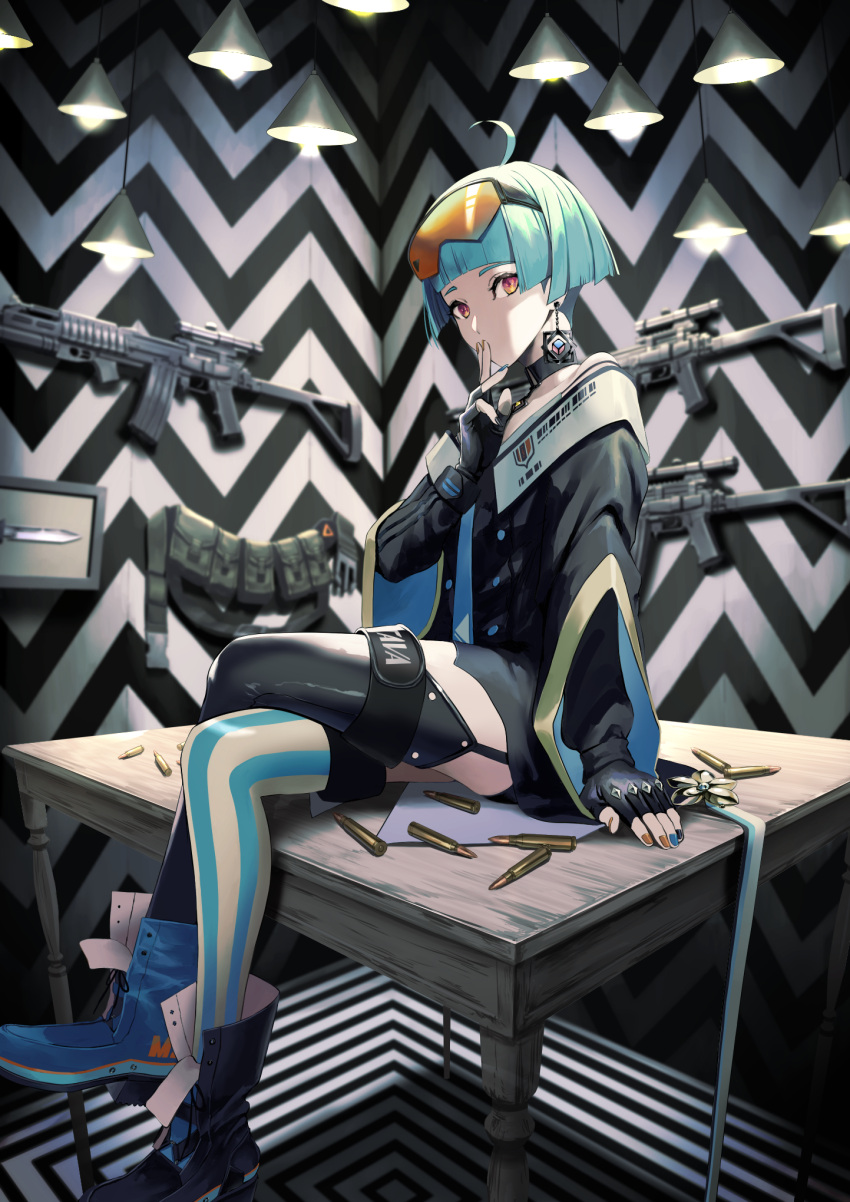 1girl ahoge assault_rifle bangs black_gloves blue_neckwear blunt_bangs boots bullet commentary_request crossed_legs desk earrings finger_to_mouth fingerless_gloves flat_chest garter_straps girls_frontline gloves goggles goggles_on_head green_hair gun gun_rack highres indoors jewelry lampshade looking_at_viewer makkuro mismatched_footwear mismatched_legwear multicolored multicolored_nails on_desk orange_eyes orange_goggles orange_nails rifle short_hair sitting skirt solo striped striped_legwear thigh-highs vertical-striped_legwear vertical_stripes weapon zas_m21_(girls_frontline) zastava_m21 zettai_ryouiki