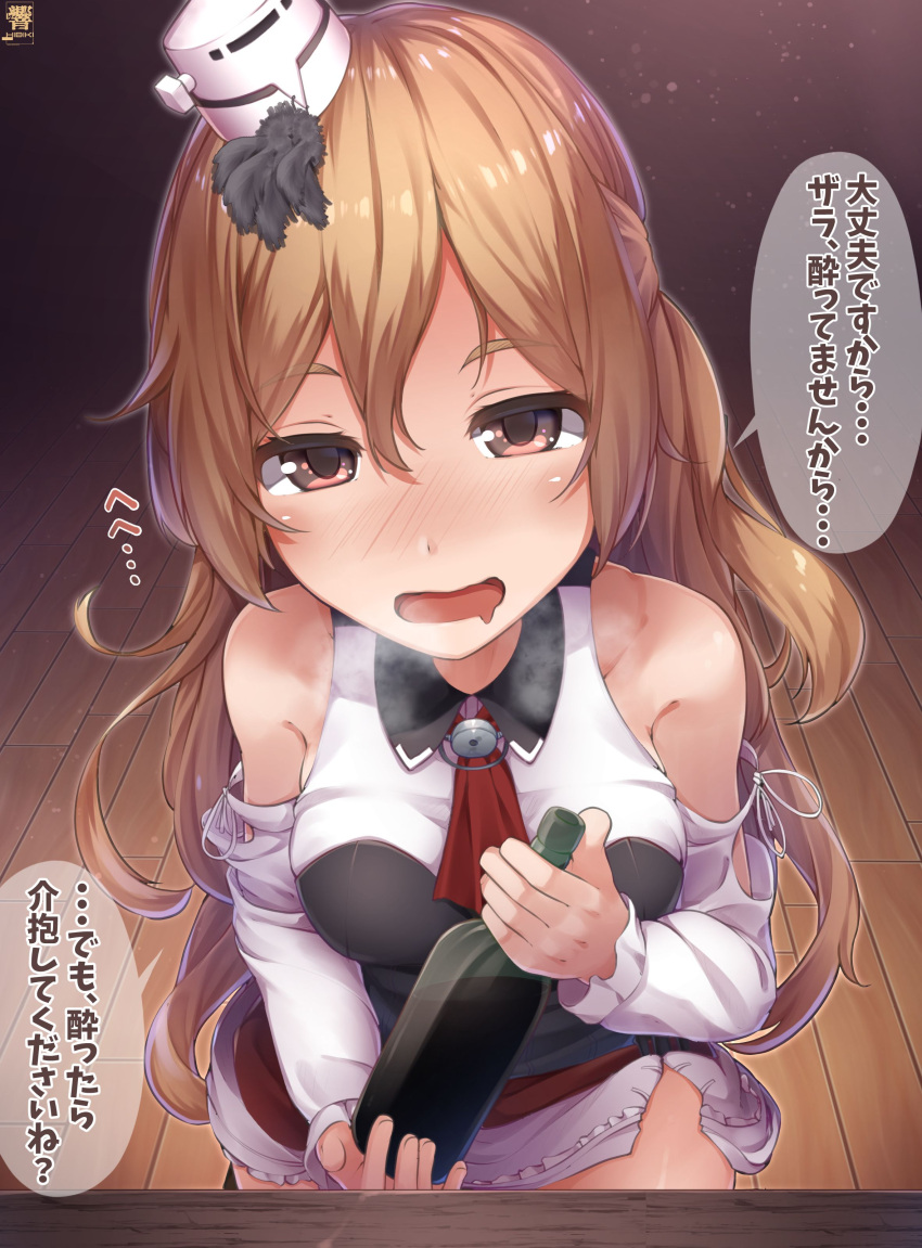 1girl absurdres alcohol artist_logo ascot bare_shoulders blonde_hair blush bottle braid breasts corset drunk french_braid hat headband hibiki_zerocodo highres holding holding_bottle kantai_collection large_breasts long_hair mini_hat mouth_drool open_mouth red_neckwear shirt solo speech_bubble translation_request violet_eyes wavy_hair white_headband white_shirt wine wine_bottle zara_(kancolle)