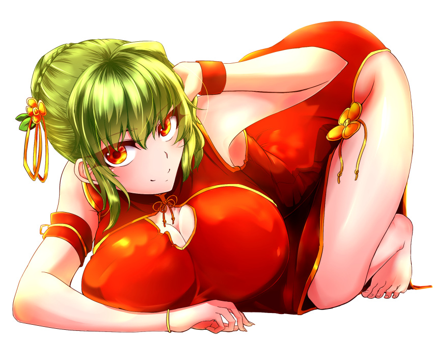 1girl all_fours alternate_costume alternate_hairstyle armpits bangs bare_shoulders barefoot blush bracelet braid breasts china_dress chinese_clothes cleavage cleavage_cutout closed_mouth dress flower green_hair hair_flower hair_ornament highres itocoh jewelry kazami_yuuka large_breasts looking_at_viewer orange_eyes red_dress short_hair side_slit sleeveless sleeveless_dress smile solo thighs touhou wristband