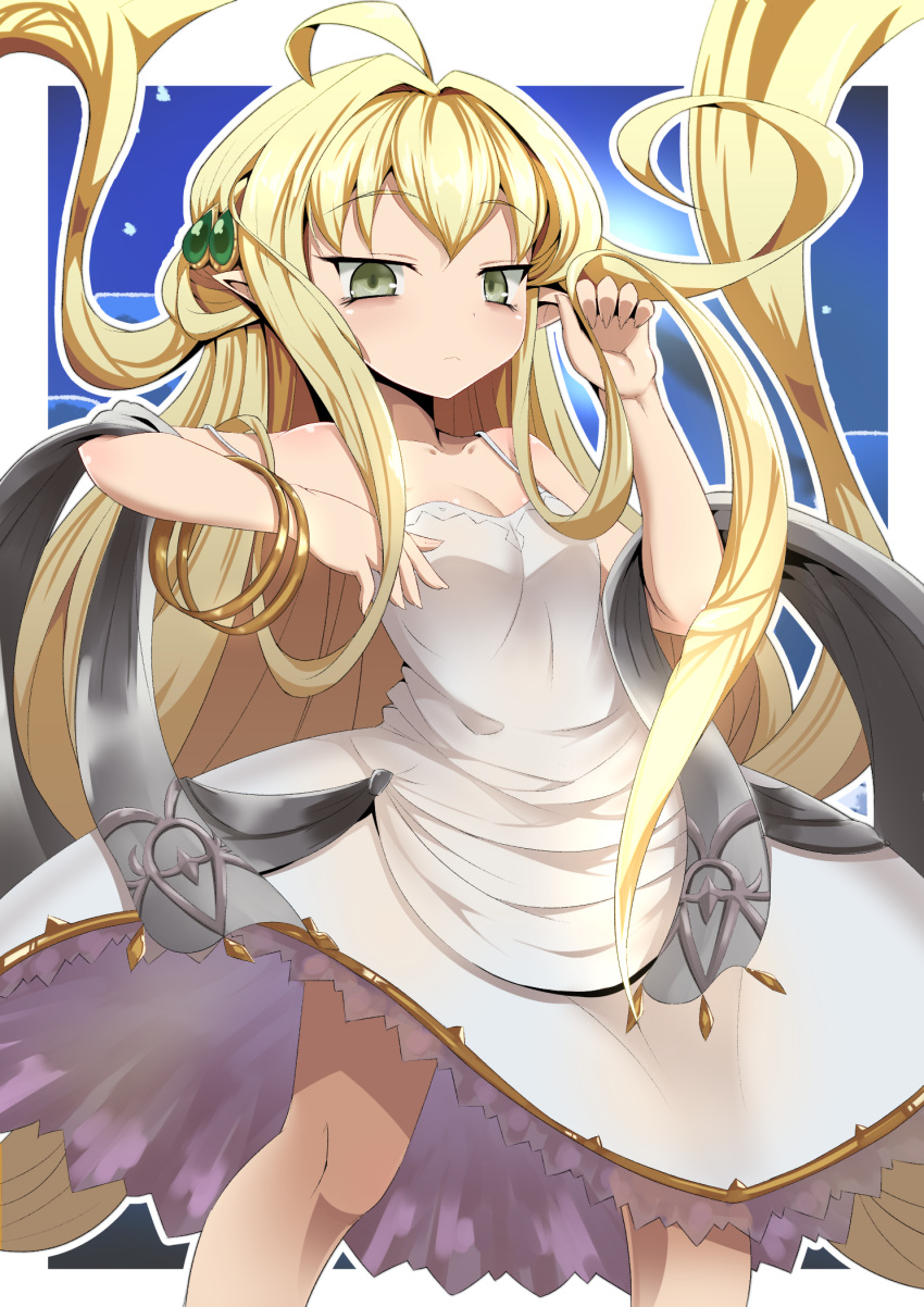 1girl ahoge alternate_breast_size bags_under_eyes bangle bare_shoulders blonde_hair bracelet breasts cleavage closed_mouth collarbone cro dress granblue_fantasy green_eyes hair_intakes harbin highres jewelry long_hair melissabelle melissabelle_(granblue_fantasy) outline pointy_ears prehensile_hair small_breasts solo very_long_hair white_dress