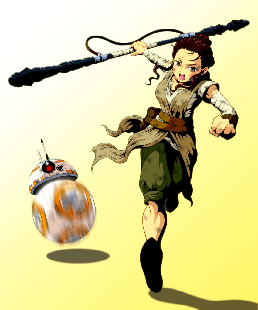 1girl angry antennae artist_request ball bb-8 belt clenched_hand dirty highres looking_at_viewer motion_blur rey_(star_wars) robot rolling running science_fiction shouting staff star_wars star_wars:_the_force_awakens