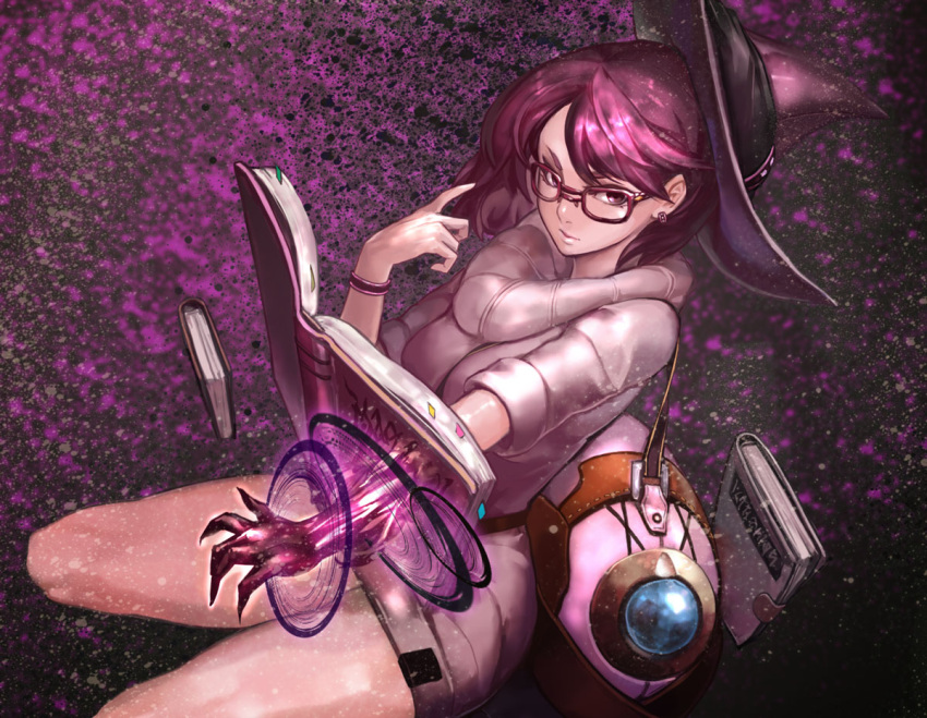 1girl backpack bag bangs book bracelet breasts claws closed_mouth cowboy_shot darkness dress earrings eyelashes floating_book glasses grimoire hand_up hat jewelry large_breasts looking_at_viewer magic_circle original purple-framed_eyewear purple_hair purple_hat ribbed_dress ribbed_sweater short_dress short_hair short_sleeves sleeves_rolled_up solo sweater sweater_dress tamidro turtleneck violet_eyes witch witch_hat