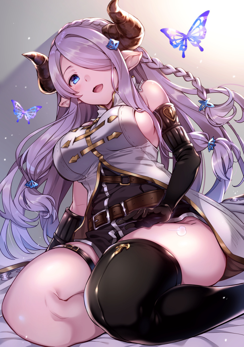 1girl :d asymmetrical_gloves asymmetrical_legwear backlighting bare_shoulders bed_sheet belt belt_buckle black_dress black_gloves black_legwear blue_eyes blush braid breasts buckle butterfly cut_(bu-kunn) doraf dress elbow_gloves from_below gloves granblue_fantasy hair_ornament hair_over_one_eye highres horns lace_trim large_breasts lavender_hair light_particles long_hair looking_at_viewer microdress narumeia_(granblue_fantasy) one_eye_covered open_mouth pointy_ears purple_hair single_braid single_thighhigh sitting sleeveless smile solo thigh-highs thigh_strap yokozuwari