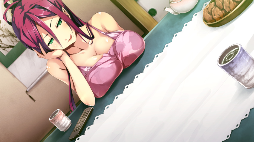 1girl ;p bangs bare_shoulders breast_rest breasts camisole cleavage collarbone controller cookie cup demerara_orendain food game_cg green_eyes green_tea hair_between_eyes hand_on_own_cheek hand_on_own_face kantaka lamia large_breasts licking_lips lips long_hair looking_at_viewer maou_no_kuse_ni_namaiki_da! maou_no_kuse_ni_namaiki_da!_torotoro_tropical! mole mole_under_mouth monster_girl naughty_face one_eye_closed pink_lips pointy_ears ponytail purple_hair remote_control seductive_smile sidelocks smile solo spaghetti_strap tea teacup teapot tongue tongue_out tray upper_body very_long_hair yunomi