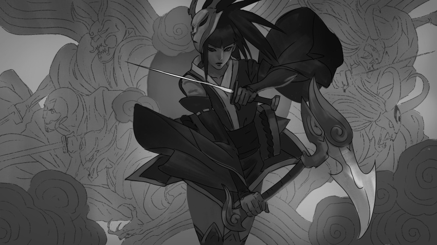 1girl absurdres akali akali_(legacy) alternate_costume antlers arm_guards bangs blood_moon_akali blunt_bangs commentary cowboy_shot dual_wielding english_commentary eyeliner fighting_stance greyscale highres holding holding_sword holding_weapon japanese_clothes kama_(weapon) kimono league_of_legends legs_together lips long_hair long_sleeves looking_at_viewer makeup mask mask_on_head monochrome obi ponytail ribbon-trimmed_sleeves ribbon_trim sash short_kimono short_sword sickle sidelocks sketch solo_focus sword thigh-highs weapon wide_sleeves zeenchin