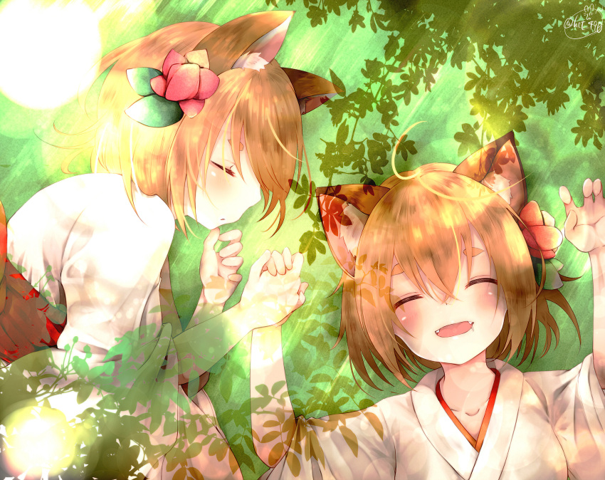 2girls animal_ears artist_name blonde_hair blush chita_(ketchup) closed_eyes collarbone drooling eyebrows fangs flower fox_ears hair_between_eyes hair_flower hair_ornament hand_holding highres japanese_clothes leaf leaf_background lens_flare lying miko multiple_girls on_back on_side open_mouth original profile saliva short_hair signature sleeping thick_eyebrows upper_body wide_sleeves