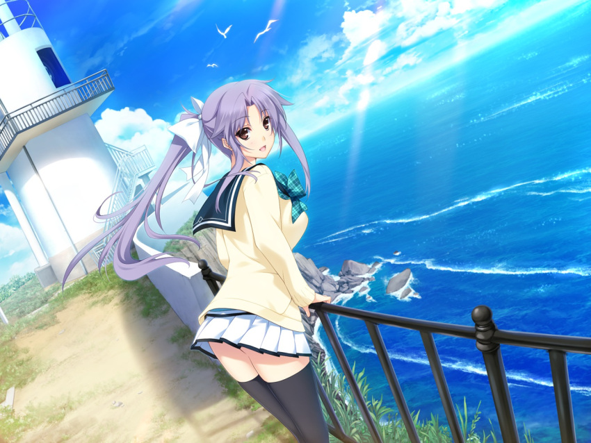 1girl animal bird black_legwear brown_hair cardigan day floating_hair game_cg guard_rail iizuki_tasuku inubousaki_aya lavender_hair light_rays lighthouse long_hair long_sleeves looking_at_viewer lovely_x_cation lovely_x_cation_2 ocean official_art open_mouth outdoors pleated_skirt skirt sky thigh-highs twintails water