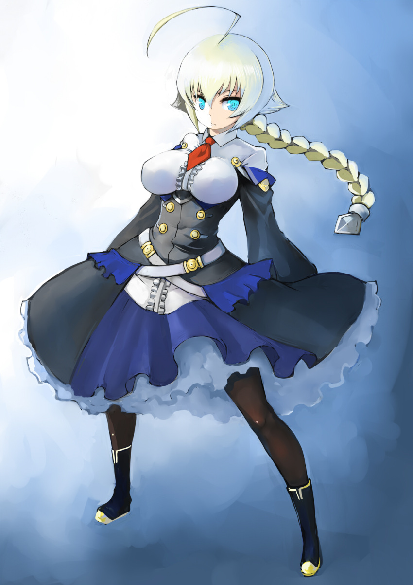 1girl ahoge black_legwear blazblue blazblue:_central_fiction blonde_hair blue_eyes boots braid breasts dress es_(xblaze) frills highres huge_ahoge johan_(johan13) large_breasts long_hair pantyhose ringed_eyes single_braid solo standing underbust xblaze_code:_embryo