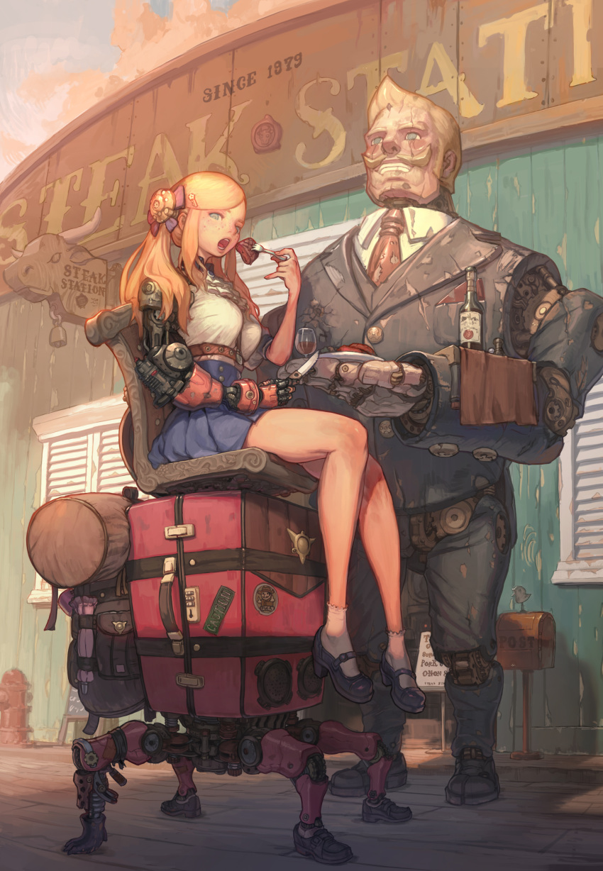 1girl absurdres alcohol blonde_hair blue_eyes breasts chair cup cyborg drinking_glass food fork freckles highres holding holding_knife knife legs long_hair looking_at_viewer luggage mary_janes mechanical_arm original postbox prosthesis prosthetic_arm robot shoes sitting solo steak thighs twintails weltol wine wine_glass
