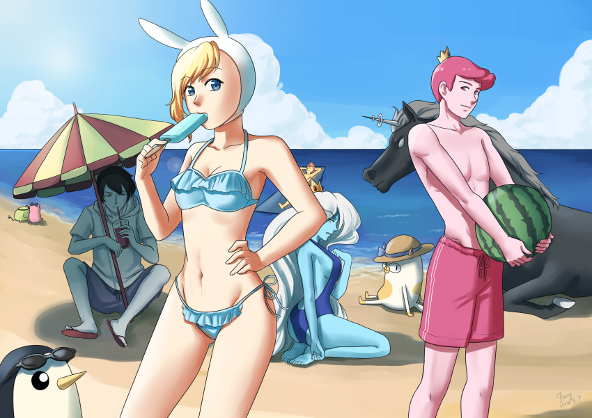 3boys 3girls absurdres adventure_time animal_ears barefoot beach beach_umbrella bikini bird black_hair blonde_hair blue_bikini blue_eyes blue_skin blue_swimsuit breasts cake_(adventure_time) cat cleavage crown detached_hood drinking eating fake_animal_ears fangcovenly fionna flame_prince flip-flops food genderswap genderswap_(ftm) genderswap_(mtf) glass grey_skin hand_on_hip hat highres hood hoodie ice_queen large_breasts long_hair lord_monochromicorn male_swimwear marshall_lee midriff multiple_boys multiple_girls navel ocean one-piece_swimsuit penguin pink_eyes pink_hair popsicle prince_bubba_gumball rabbit_ears sandals seiza side-tie_bikini sideboob sitting small_breasts standing straw sun_hat swim_trunks swimsuit swimwear umbrella unicorn white_hair