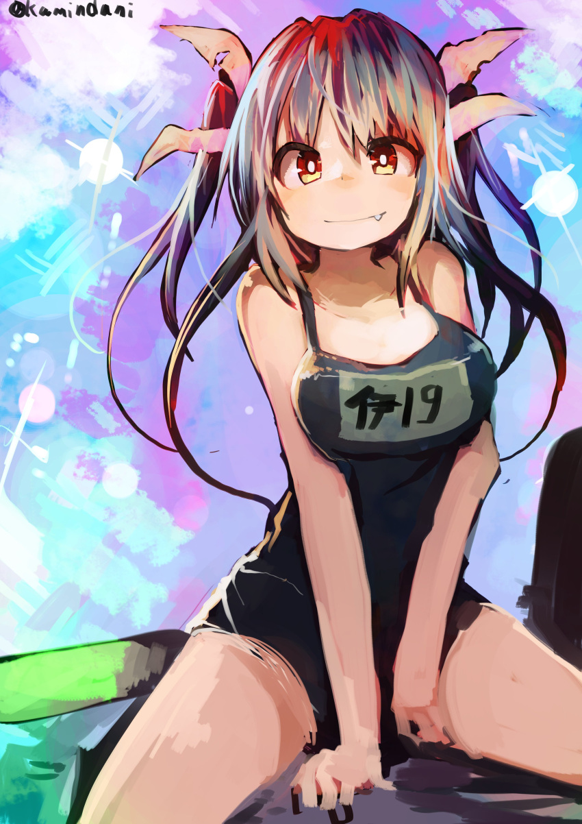 1girl absurdres between_legs blue_hair bow breasts closed_mouth collarbone fang fang_out hair_bow hand_between_legs highres i-19_(kantai_collection) kaamin_(mariarose753) kantai_collection looking_at_viewer name_tag one-piece_swimsuit red_eyes school_swimsuit sitting smile solo swimsuit twitter_username v_arms wariza