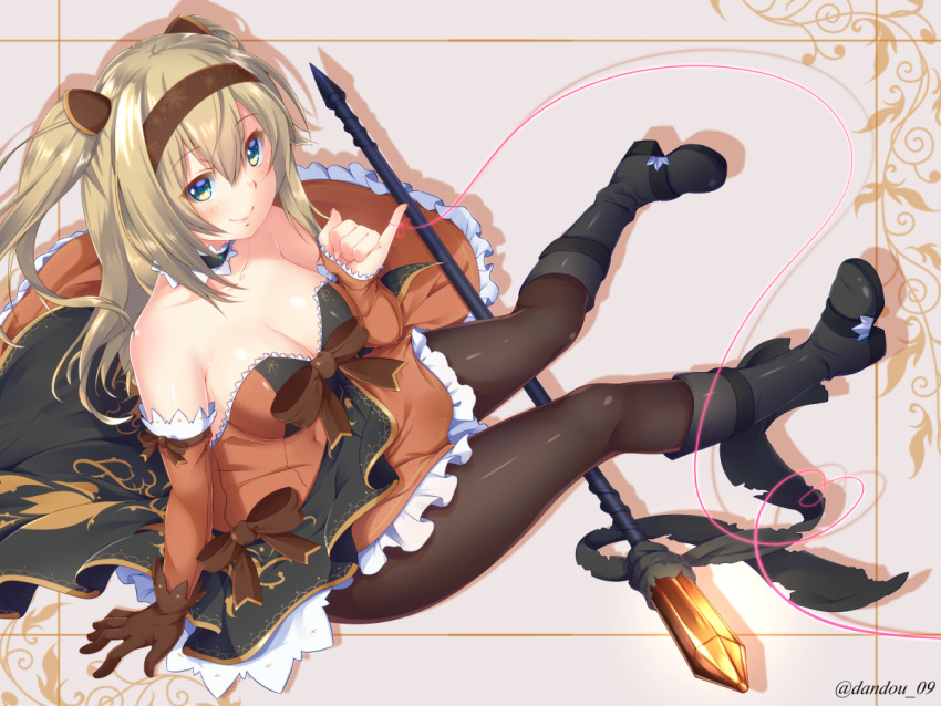 1girl arm_support bare_shoulders black_legwear blonde_hair blue_eyes blush bow breasts brown_dress brown_gloves choker cleavage dandou dress elbow_gloves frills gloves hairband long_hair looking_at_viewer original pantyhose red_string sitting smile solo staff strapless strapless_dress string sufiana_altberg twitter_username