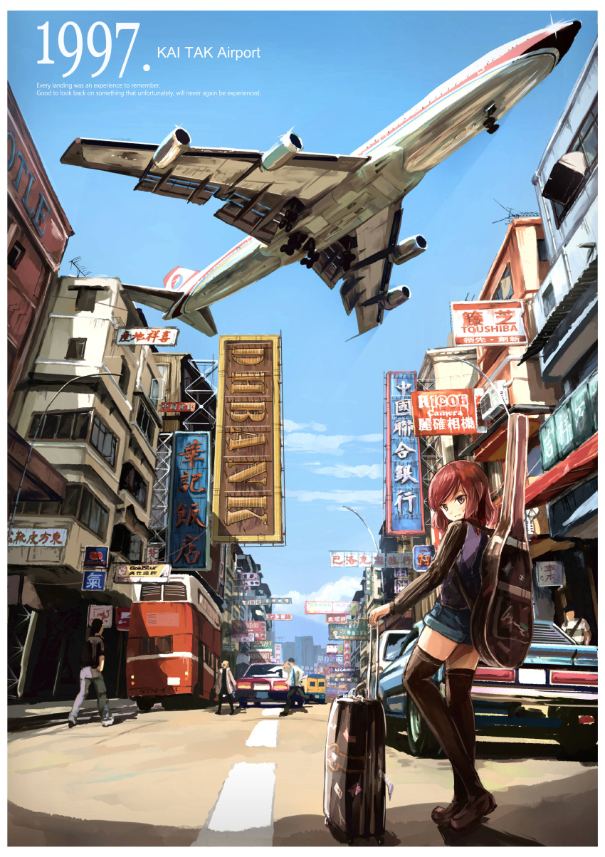 2boys 2girls absurdres aircraft airplane banner blonde_hair brown_eyes brown_hair building car city clouds day double-decker_bus ground_vehicle guitar_case hagurumadaze highres hong_kong instrument_case looking_back love_live! love_live!_school_idol_project motor_vehicle multiple_boys multiple_girls nishikino_maki shorts sky standing taxi thigh-highs walking