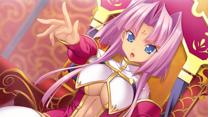 &gt;:o 1girl :o blue_eyes blurry_background body_offscreen breasts center_opening chair cleavage dress dutch_angle eyebrows eyebrows_visible_through_hair facial_mark forehead_mark game_cg hair_intakes hair_ornament hat headwear hikage_eiji koihime_enbu koihime_musou long_sleeves medium_breasts open_mouth outstretched_arm outstretched_hand pink_hair sitting solo sonken tongue under_boob