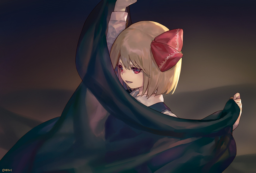 1girl ainy77 arm_up backlighting bangs blonde_hair bow breasts commentary from_side hair_ribbon holding long_sleeves outstretched_arm red_eyes red_ribbon ribbon rumia see-through shirt short_hair signature small_breasts solo touhou upper_body white_shirt