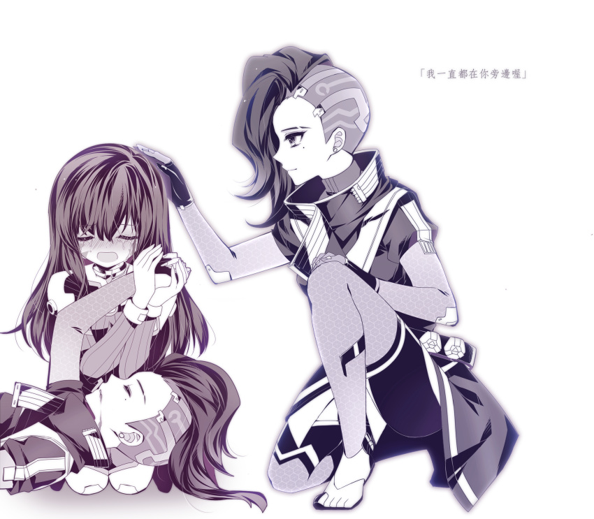 2girls asymmetrical_hair atobesakunolove belt black_gloves blood blood_on_face blush bodysuit bracer chinese closed_eyes closed_mouth coat commentary crying d.va_(overwatch) death earrings elbow_pads eyelashes eyeliner facepaint facial_mark fingerless_gloves fingernails gloves hand_on_own_knee high_collar highres holding_hand jewelry kneeling long_fingernails long_hair lying makeup mole mole_under_eye monochrome multiple_girls nose_blush on_lap open_mouth overwatch pauldrons petting pilot_suit ribbed_bodysuit sad seiza short_sleeves simple_background sitting smile sobbing sombra_(overwatch) stud_earrings tears translation_request turtleneck undercut whisker_markings white_background