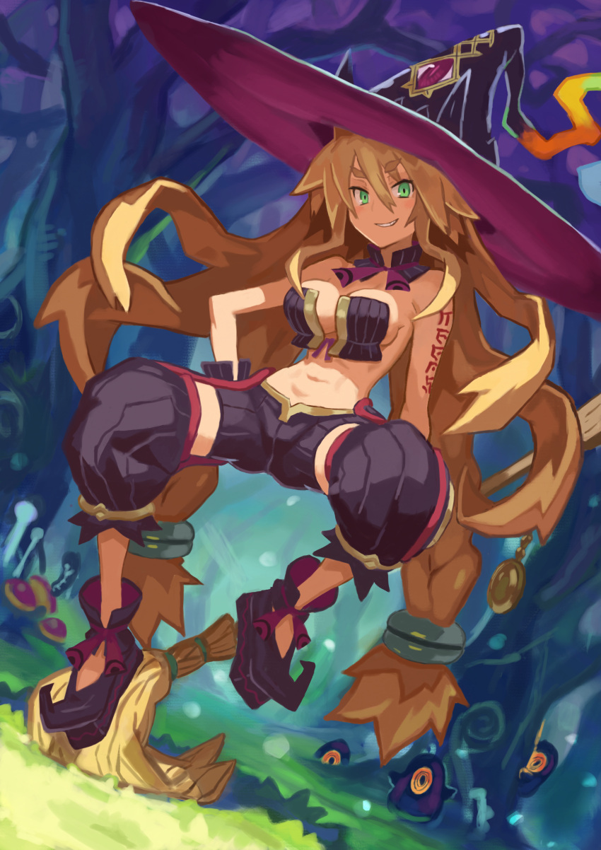 1girl absurdres arm_tattoo bare_tree blonde_hair blush boots braid breasts broom creature detached_collar dutch_angle eyebrows eyebrows_visible_through_hair full_body green_eyes grin hair_between_eyes hat head_tilt highres long_hair majo_to_hyakkihei medium_breasts metallica_(majo_to_hyakkihei) navel outdoors p_shiki pants smile spread_legs standing tattoo thick_eyebrows tree twin_braids twintails very_long_hair witch witch_hat