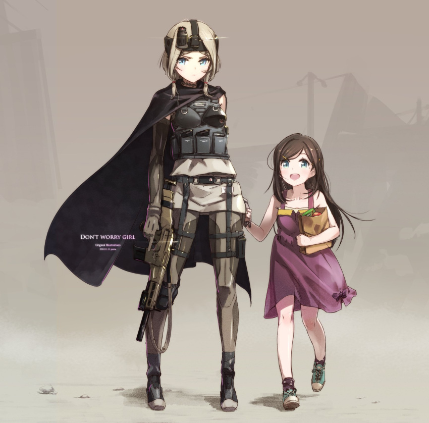 2016 2girls age_difference artist_name assault_rifle bag bangs belt blonde_hair blue_eyes boots bow brown_background brown_hair cape child choker collarbone dated dress elbow_gloves eyebrows eyebrows_visible_through_hair full_body gloves gun hair_ornament hairclip hand_holding heart height_difference highres knee_pads load_bearing_vest long_hair looking_at_viewer military military_uniform mole mole_under_eye multiple_girls night_vision_device open_mouth original paper_bag pomon_illust pouch purple_dress rifle ruins shoes short_hair sneakers standing swept_bangs text thigh_strap tied_hair uniform weapon
