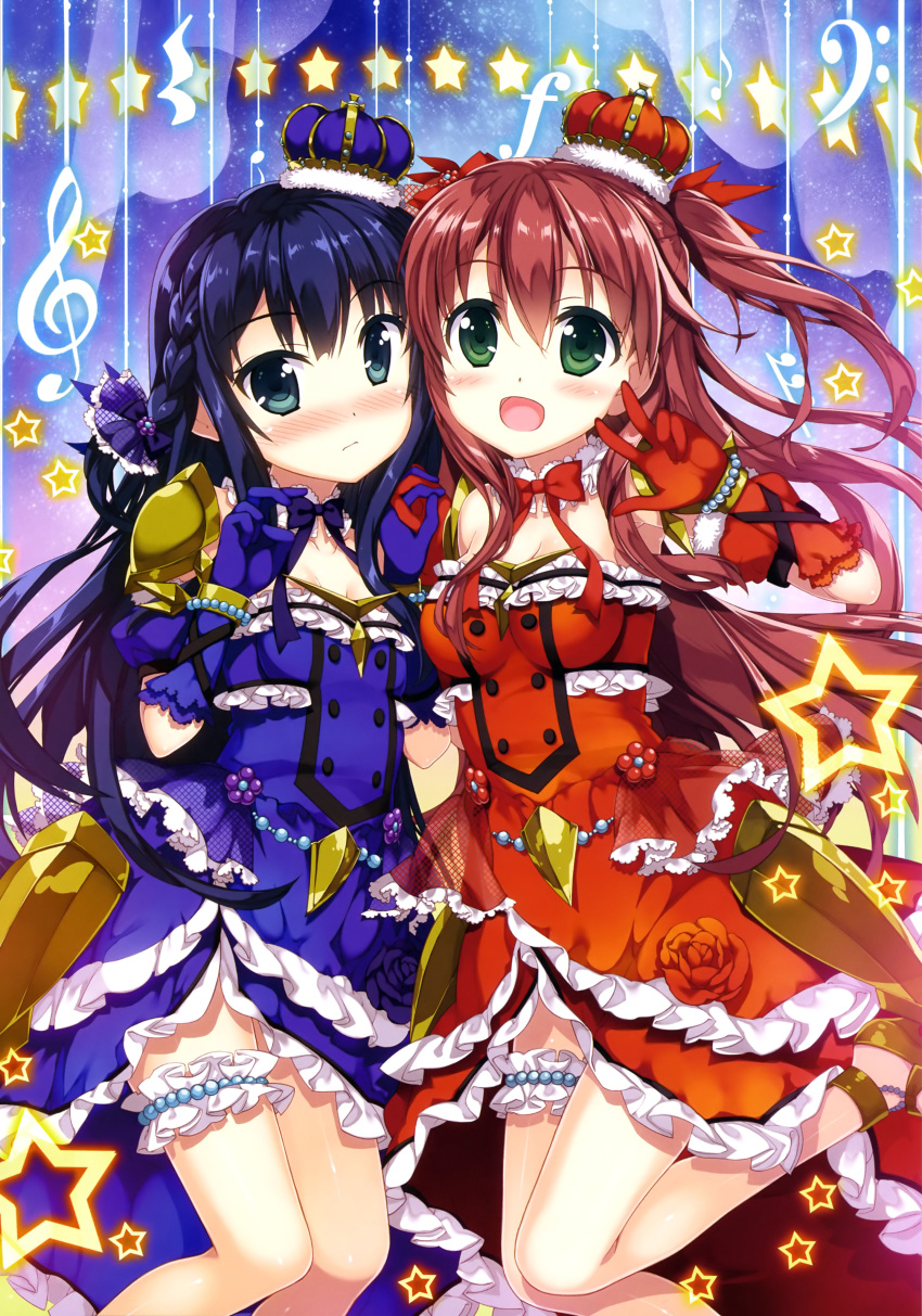 2girls absurdres anklet blue_dress blue_eyes blue_gloves blue_hair bow bowtie bracelet braid breasts brown_hair choker cleavage crown dress eyebrows eyebrows_visible_through_hair fujima_takuya gloves green_eyes hair_between_eyes hair_ribbon highres jewelry long_hair looking_at_viewer medium_breasts mini_crown multiple_girls one_leg_raised open_mouth original red_bow red_dress red_gloves red_ribbon ribbon small_breasts star thigh_strap two_side_up w