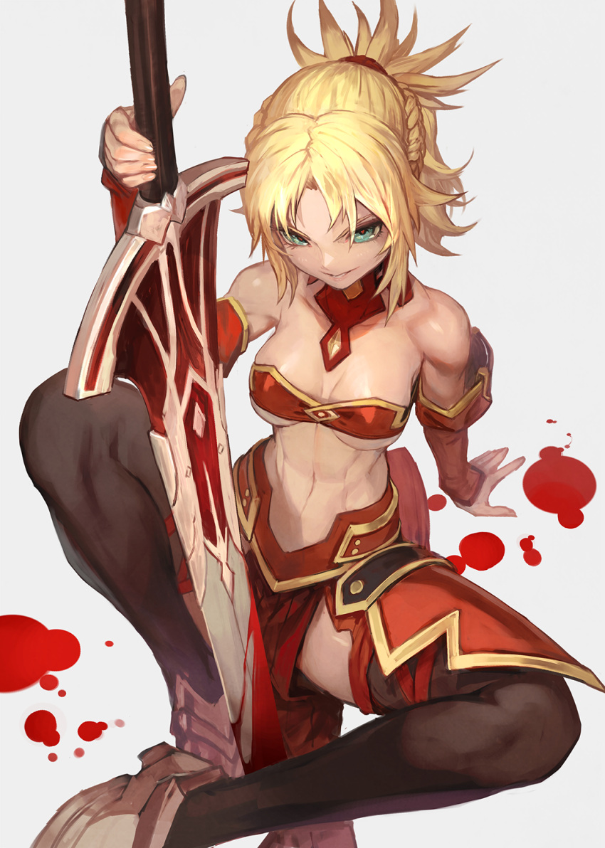 1girl alternate_breast_size arm_support armor bare_shoulders black_legwear blonde_hair bra braid breasts fate/apocrypha fate/grand_order fate_(series) green_eyes highres lack long_hair looking_at_viewer medium_breasts midriff muscle navel pelvic_curtain ponytail red_bra saber_of_red sitting smile solo strapless strapless_bra sword thigh-highs underwear weapon