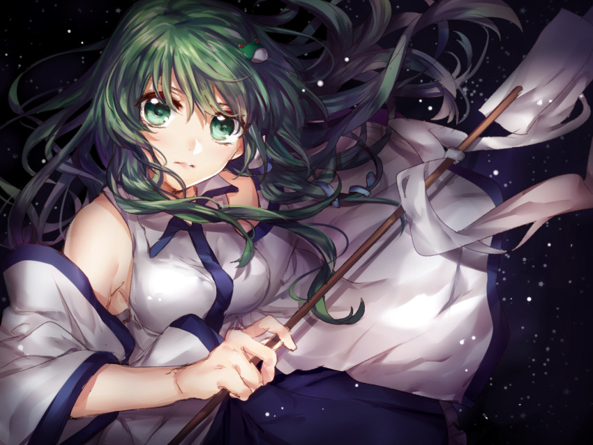 1girl bangs bare_shoulders black_background blue_hakama breasts closed_mouth detached_sleeves floating_hair frog_hair_ornament green_eyes green_hair hair_between_eyes hair_ornament hair_tubes hakama holding japanese_clothes kochiya_sanae light_particles long_hair looking_at_viewer medium_breasts miko oonusa parted_lips sidelocks sketch skirt skirt_set snake_hair_ornament solo touhou upper_body wide_sleeves yuli_(yulipo)