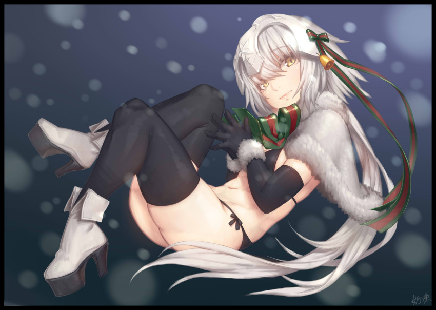 1girl artist_name ass bangs bell bikini black_border boots border capelet elbow_gloves eyebrows eyebrows_visible_through_hair fate/grand_order fate_(series) fur_trim gloves green_ribbon hair_between_eyes hair_ribbon headpiece highres jeanne_alter jeanne_alter_(santa_lily)_(fate) light_smile long_hair looking_at_viewer lying navel on_back own_hands_together platform_footwear red_ribbon ribbon rico_(game00985) ruler_(fate/apocrypha) side-tie_bikini silver_hair solo striped striped_ribbon swimsuit thigh-highs thighs yellow_eyes
