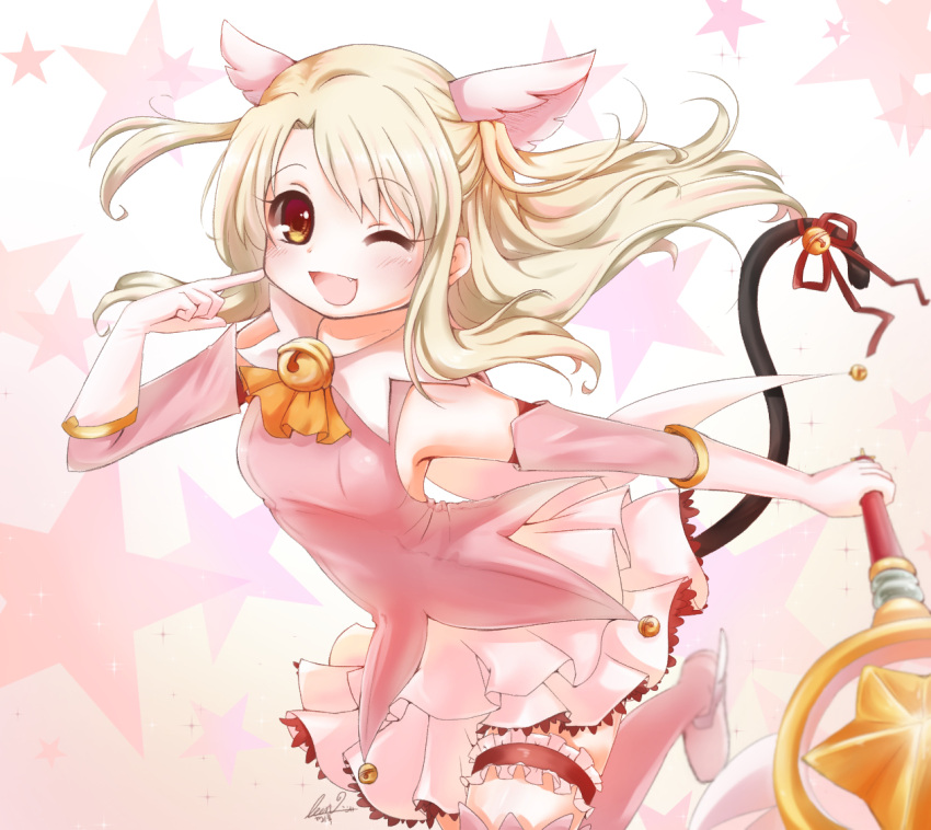 artist_request blonde_hair bow brooch choker earrings fate/kaleid_liner_prisma_illya fate_(series) gloves illyasviel_von_einzbern jewelry long_hair magical_girl one_eye_closed open_mouth pink_bow red_eyes skirt tiara white_gloves