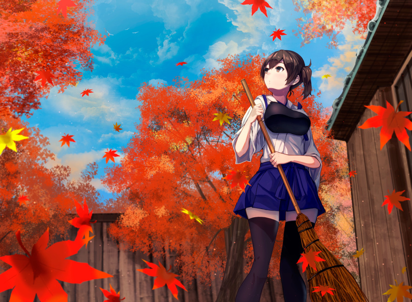 1girl autumn_leaves black_legwear brown_eyes brown_hair clouds cloudy_sky day fence hakama japanese_clothes kaga_(kantai_collection) kantai_collection konkito leaf looking_up maple_leaf maple_tree miniskirt muneate outdoors side_ponytail skirt sky solo thigh-highs tree wooden_fence